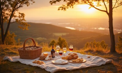 Sunset picnic with drinks and snacks