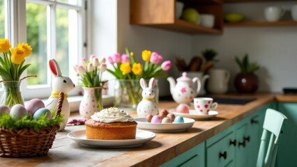 Cozy spring kitchen scene featuring delicious cake decorated with pastel-colored candy eggs, teapot, vase of fresh flowers and Easter themed decor with bunnies. Perfect for holiday celebrations