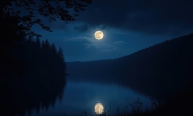 Wall Mural - Serene night landscape with moonlight reflection