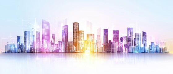 Wall Mural - A vibrant city skyline with futuristic buildings illuminated in shades of purple, blue, and gold against a bright background.