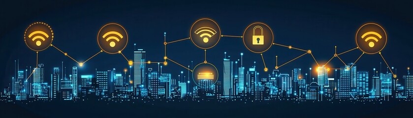 Wall Mural - A digital skyline with icons representing Wi-Fi and security, illustrating connectivity and technological advancement in urban environments.