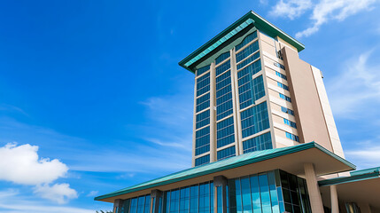 Wall Mural - A tall building with a green roof and a blue sky in the background The building has a modern design and he is a residential building