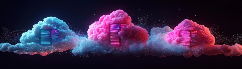 Wall Mural - Abstract digital cloud illustration with vibrant pink and blue hues, depicting a futuristic, tech-inspired theme.