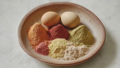 A vibrant bowl filled with an array of colored powders sits beside decorated eggs on a table, showcasing a festive and artistic display.