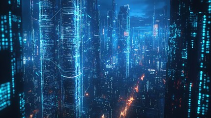 Wall Mural - futuristic technology background featuring a global network overlay on modern skyscrapers, symbolizi