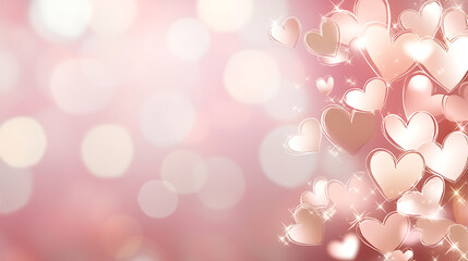 Wall Mural - A light pink background with blurred hearts and light sparkles