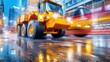 © nurman - Powerful yellow construction vehicle driving through a rain-soaked city at night, with blurred city lights and traffic streaks adding dynamism.