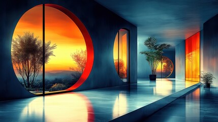 Poster - Serene Interior with Circular Windows and Vibrant Sunset View