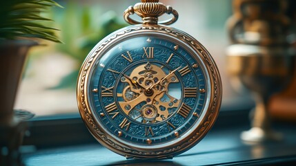 Antique skeleton pocket watch on windowsill, gears visible, plants blurred background