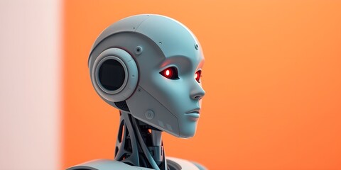 white humanoid robot with a glowing red eye against a bright orange backdrop. The soft, pastel lighting and shallow depth of field create a gentle, futuristic aesthetic. 