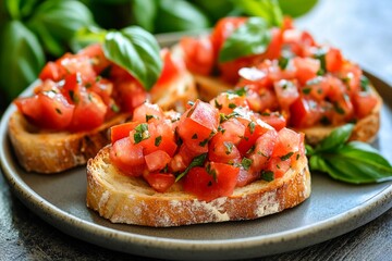 Wall Mural - Freshly made bruschetta with tomatoes and basil on a rustic wooden table at midday