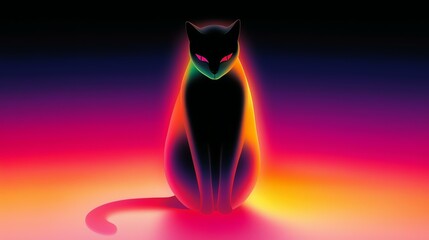 Wall Mural - vibrant neon cat silhouette with glowing colorful aura on gradient background