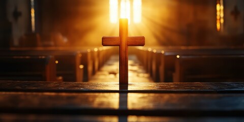 Wall Mural - Wooden cross illuminated by warm sunlight in a quiet church interior during evening prayers