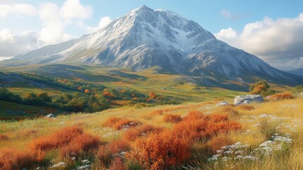 Canvas Print - Autumnal mountain landscape, valley, snow peak, travel poster