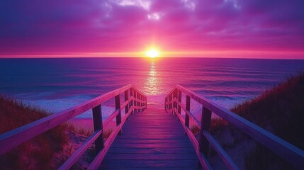 Poster - Beach sunset boardwalk ocean path vibrant sky