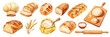 © ssstocker - bread watercolor set. bakery flour products, wheat bakery rolling pin flour dough food chef hat wooden board vector illustration