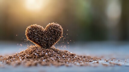 Wall Mural - Ground coffee beans arranged in heart shape on wooden surface with soft morning sunlight and bokeh background, romantic coffee concept for cafe and restaurant design.