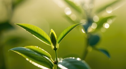 Wall Mural - Close-up of sunlit green tea leaves with dew in a serene garden