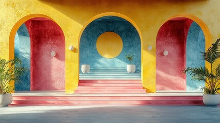 Poster - Colorful Architectural Interior with Arches and Steps in Modern Design