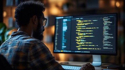 over shoulder view of a web developer coding a website with sharp focus on html code a responsive pr
