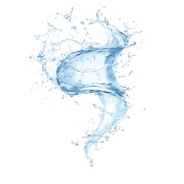 Blue water tornado splash isolated on white background, dynamic swirling liquid shape, realistic 3D fluid motion for design, advertising, and digital artwork.