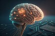 © Nelia.art - A futuristic depiction of an artificial intelligence-powered brain, glowing with neural connections and integrated with advanced technology, symbolizing AI, innovation, and neuroscience