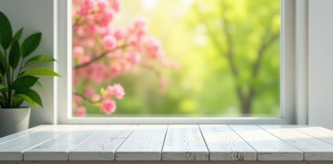 Wall Mural - Clean white wooden table, expansive spring window view, ample copy space, daylight, space