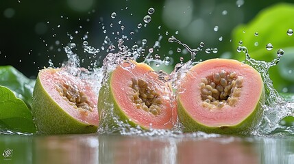 Sticker - Juicy guava halves splashing water, outdoors, nature background, healthy food