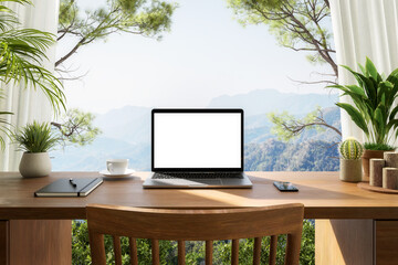 Wall Mural - Empty notebook computer screen on wooden table with nature view background 3d render decorated with small plant