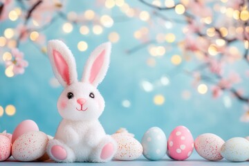 Wall Mural - A white bunny rests among colorful Easter eggs on a table, creating a festive and cheerful atmosphere for the holiday celebration.