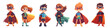 © ssstocker - kids superheroes cartoon set. boy girl superhero, child hero outfit costume clothes mask cloak jumpsuit gloves boots idol character comics vector illustration