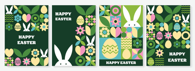 set of geometric easter greeting card. abstract background with bunny, egg and flower. vector illust