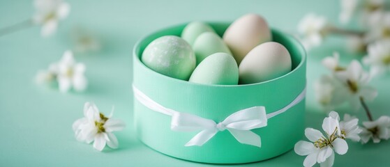 Wall Mural - A green box adorned with a white bow contains several eggs, showcasing an appealing presentation perfect for gifts or festive occasions.