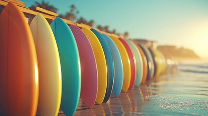 Poster - Colorful surfboards lined on beach at sunset