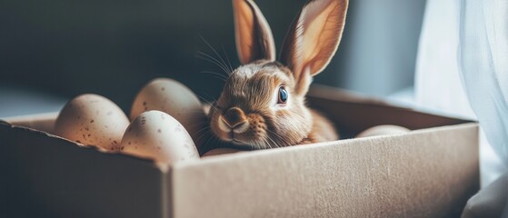 Wall Mural - A rabbit is nestled in a box surrounded by colorful eggs, creating a charming springtime scene filled with whimsy and delight.