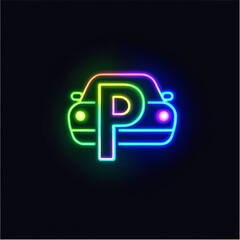 Wall Mural - A car is lit by a neon parking sign, with a black background behind it