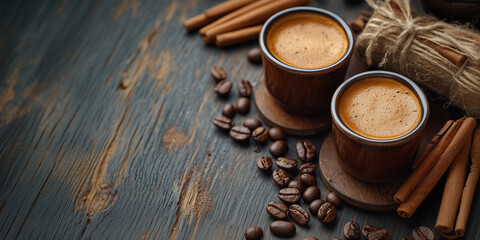 Two ceramic coffee cups filled with freshly brewed espresso, placed on a rustic wooden table with cinnamon sticks and scattered coffee beans.  