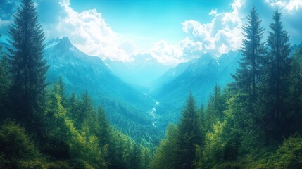 Poster - Majestic Alpine Valley, Sunny Vista, Coniferous Forest