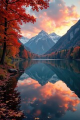  Fiery sky mirrors in still Hintersee; crisp autumn leaves frame the scene , crisp, still