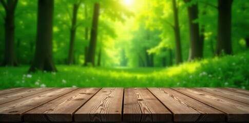 Wall Mural - Old wooden table, lush green spring forest scene, nature, dark