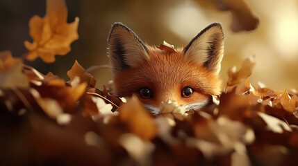 Poster -    a fox amidst a heap of leaves with a sharp focus on the fox and a soft, hazy backdrop of fallen foliage