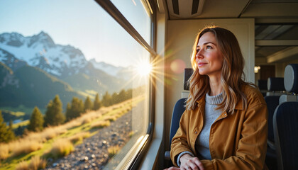 woman looking out train window with scenic view