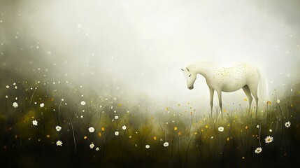 Poster -   A white horse standing in a daisy field on a foggy day