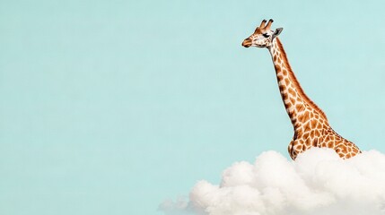 Wall Mural -   A giraffe atop a cloud, with head above the horizon and a blue sky in the background