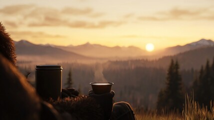 Wall Mural - a cup of coffee on a table, next to a person with a mountainous view