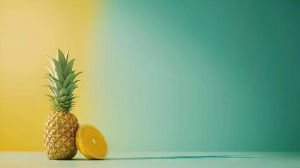 Wall Mural -   A pineapple and an orange slice on a blue-yellow background with a green-yellow palette