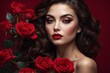 © demzp - A beautiful woman with red lipstick and glamorous makeup poses with vibrant red roses.