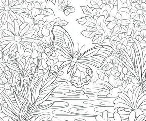 Canvas Print - A bright and butterfly flying through a garden, coloring page for kids, simple outline illustration. Coloring book.