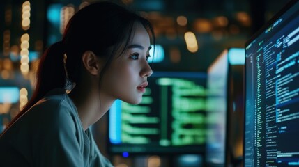 Group adult Asia female software developer mentor leader manager talk strategy plan to executive write prompt AI bot IT app program nomad, video game, designer, data center. Projecting slideshow code.