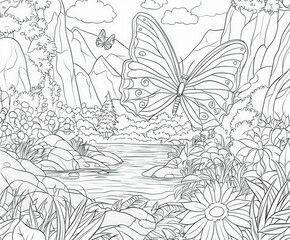 Canvas Print - A lovely butterfly garden with diverse species, coloring page for kids, simple outline illustration. Coloring book.